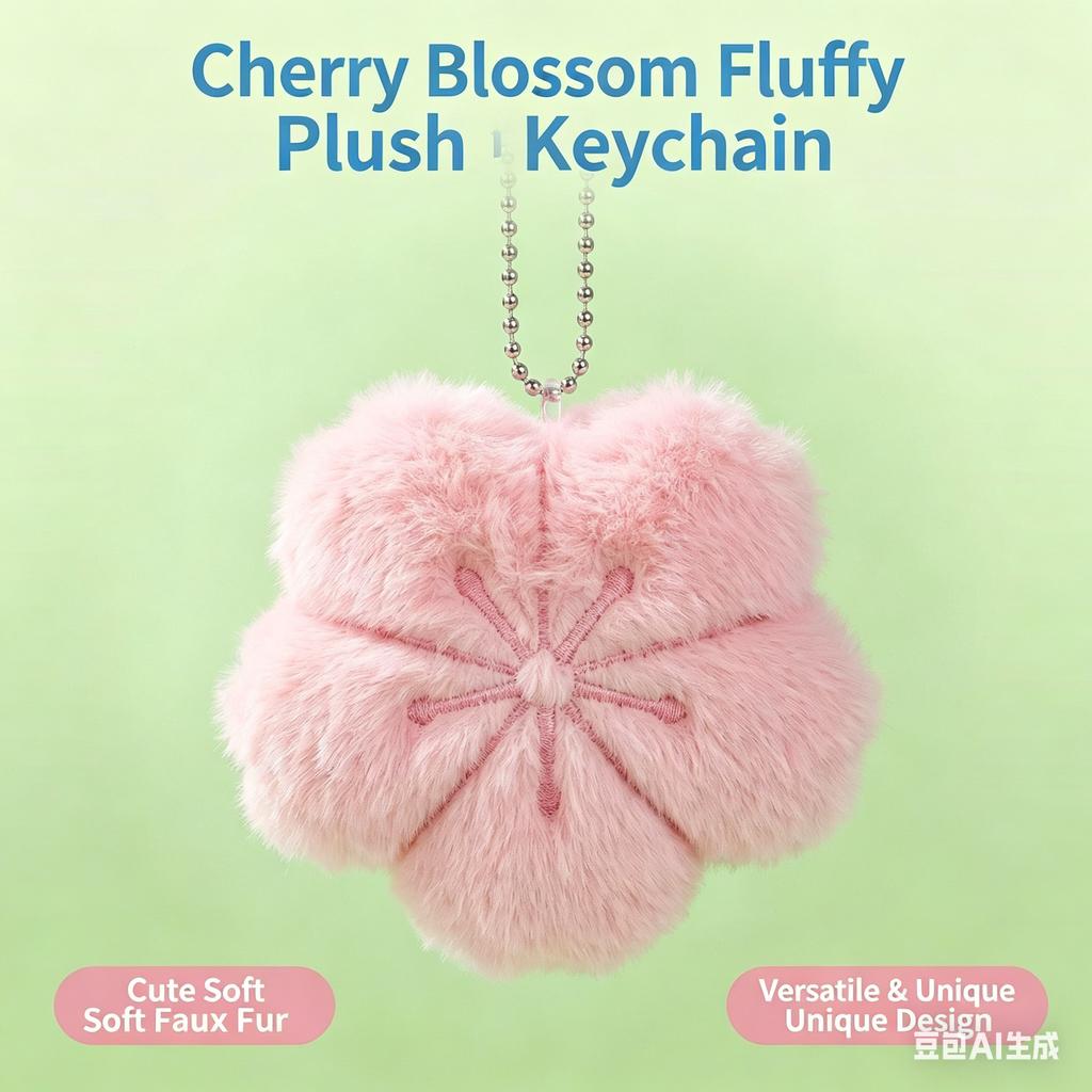 Cute Cherry Blossom Fluffy Plush Keychain, Soft Faux Fur Flower Bag Charm, Portable Key Pendant for Gift, Car Key Decor
