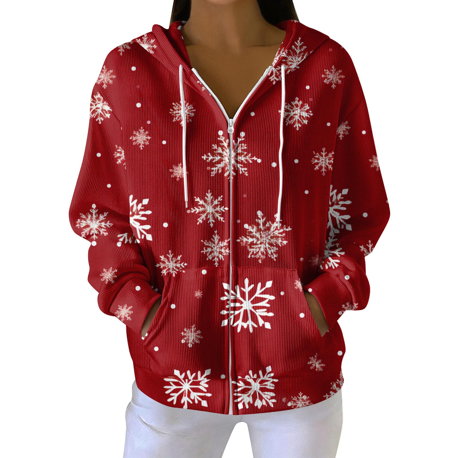 

Women s Casual Fashion Long-Sleeved Zip-Up Christmas Print Knitted Hoodie XL винный