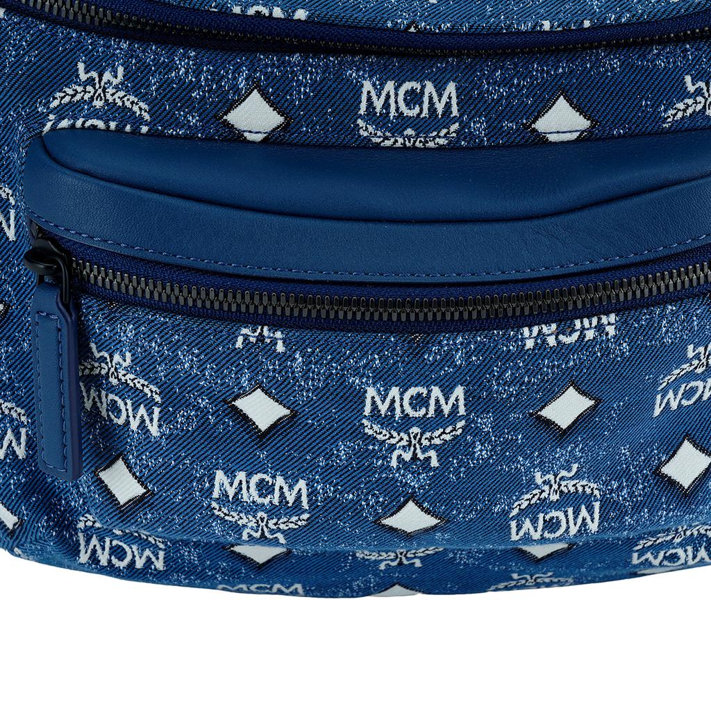 New MCM Fursten Visetos Denim Jacquard Nappa Leather Trim Shoulder Bag, Crossbody Bag, Fanny Pack Regular Women's Blue MMZDSFI01LE001