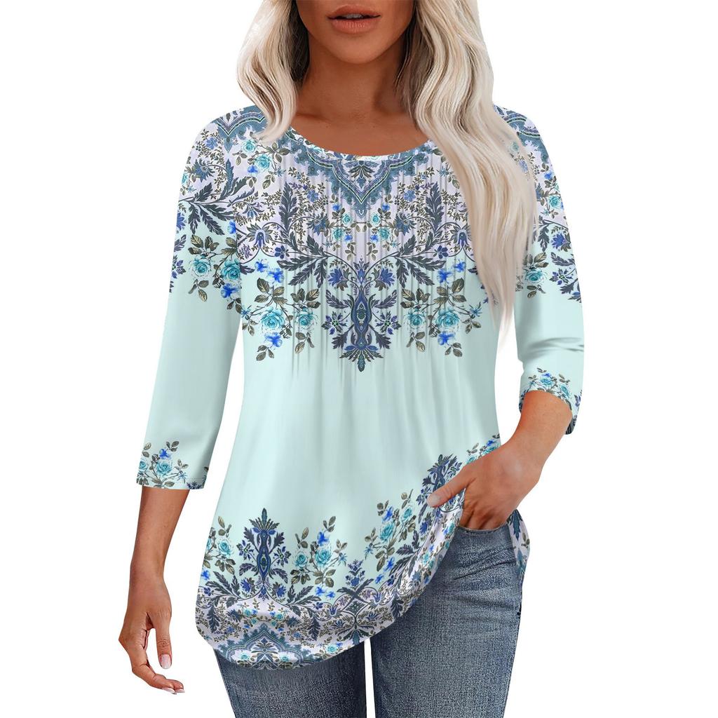 Women's Fashionable Casual Pleated Round Neck Casual Floral Print Seven Quarter Sleeved T-shirt Top