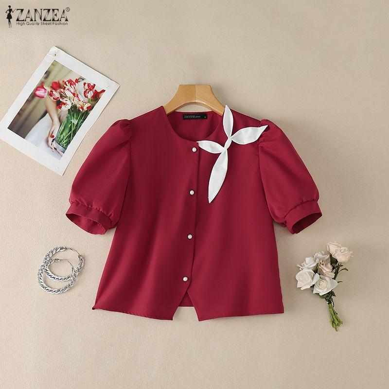 ZANZEA Women Casual Round Neck Summer Short Sleeve Blouse
