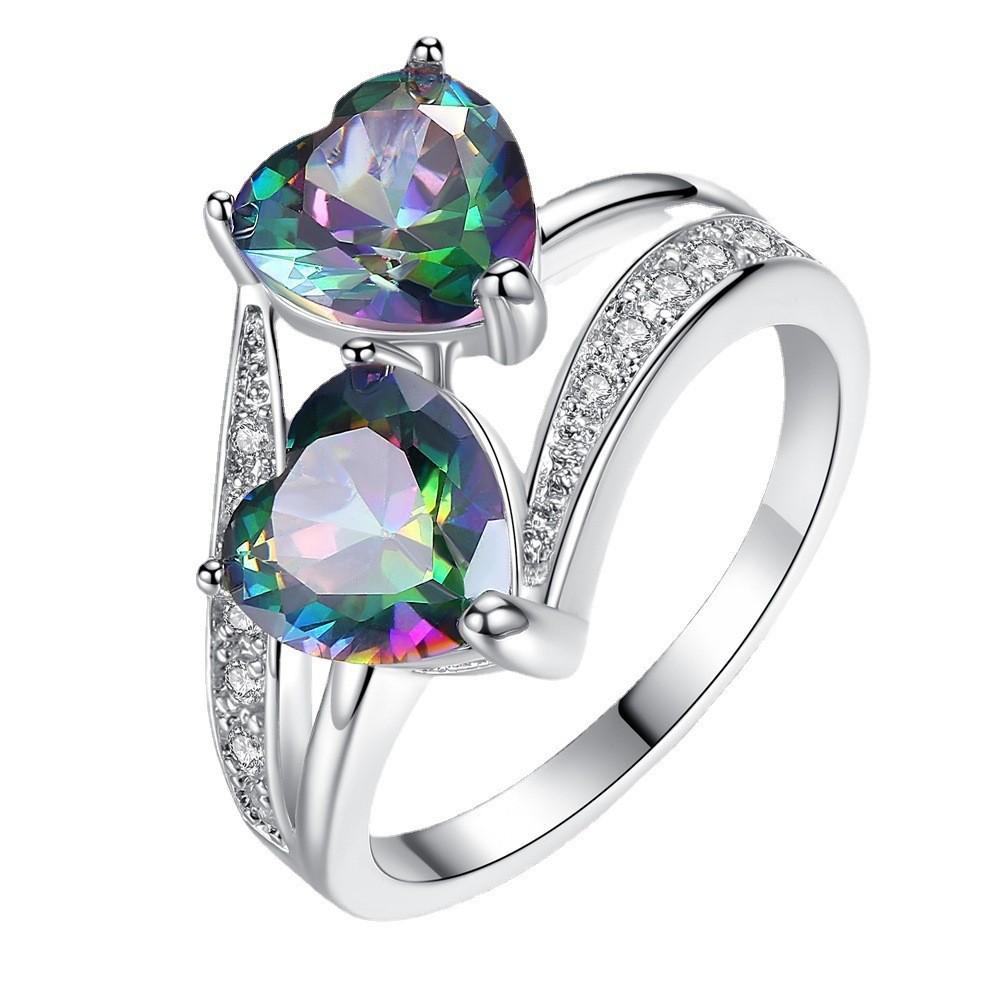 European & American Style Colorful Gem Double Heart Ring - Fashionable Women's Engagement Jewelry 