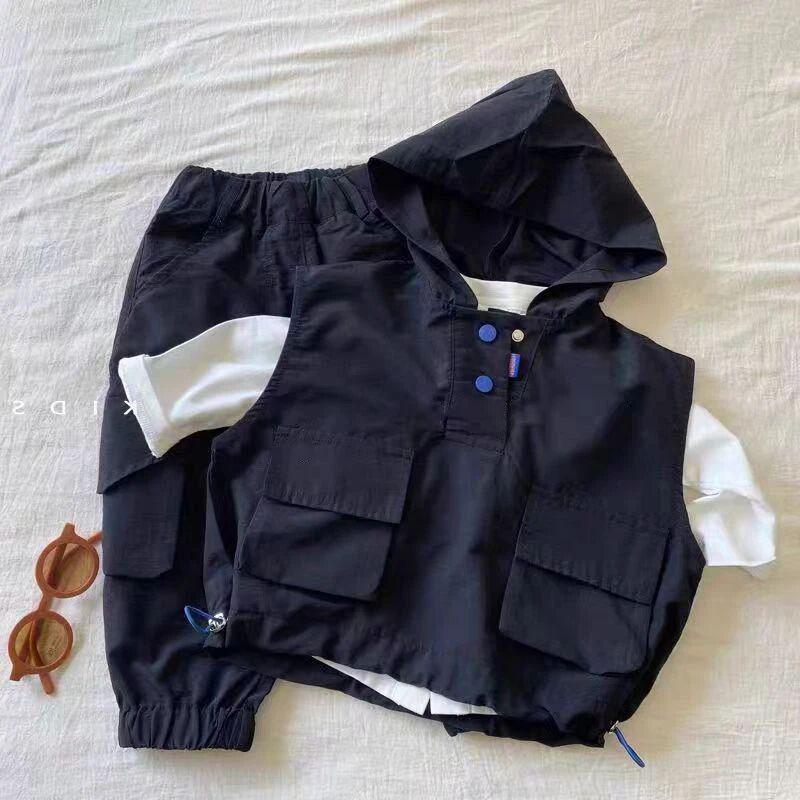 Trendige Baby Jungen Kapuzenweste, Hemd & Cargohose Frühlingsset 2026
