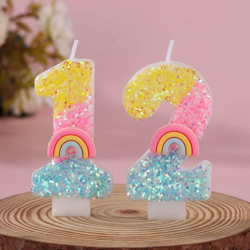 Rainbow Glitter Number Candles for Children's Birthday Cake, 0-9 Toppers