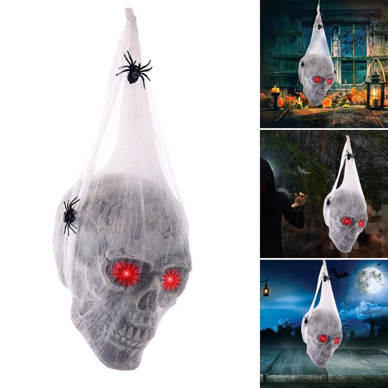 Spooky Halloween Yard Decors Spooky Halloween Party Accessory Skull Ornament with Cobweb and Sound Interaction