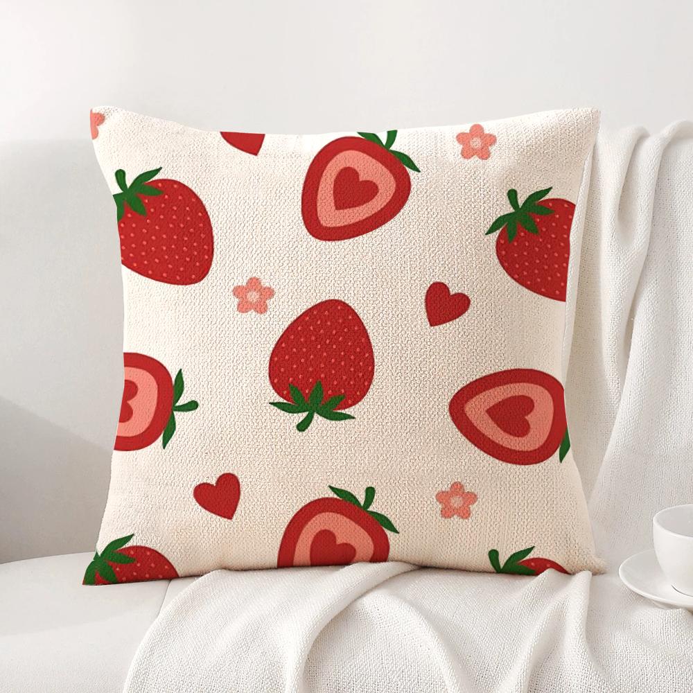 Cute Strawberry Print Cushion Cover Natural Linen Organic Fabric DoubleSided Printing Sofa Home Decor Breathable Bed Pillow
