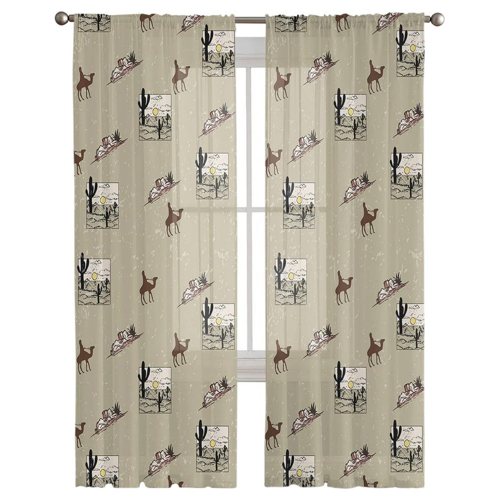 Camel Sun Cactus Desert Clouds Sheer Voile Curtains Transparent Window Tulle for Bedroom Holiday Decoration