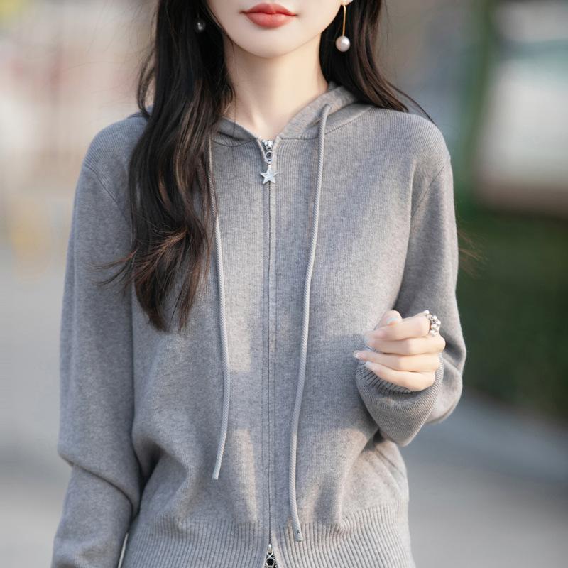 Women Loose Hooded Long Sleeve Knitted Zip Up Short Cardigan Coat