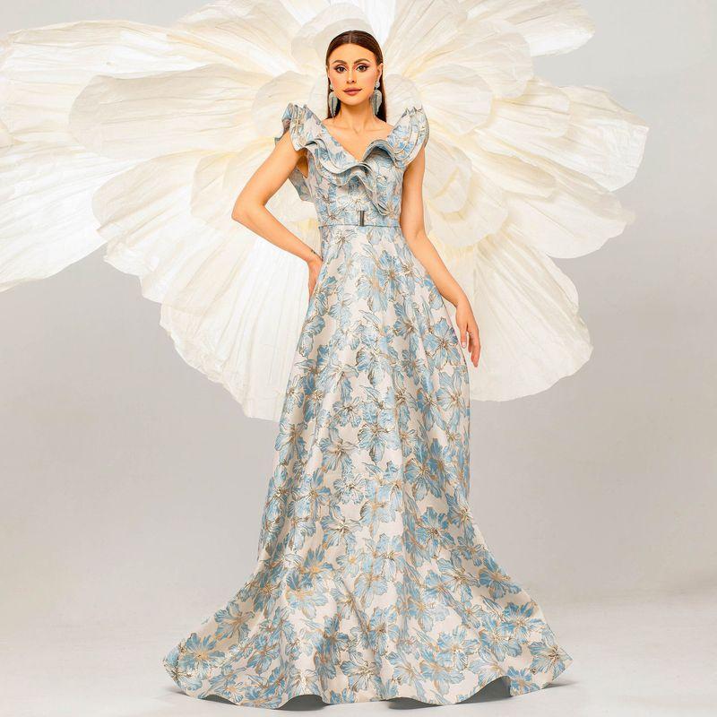 Cross-Border European and American High-End Sleeveless Elegant V-Neck Sexy Long Evening Gown Bridesmaid Dress for Women Light Blue S