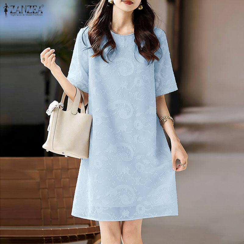 ZANZEA Women Casual Round Neck Short Sleeve Summer Subtle Patterned Dress