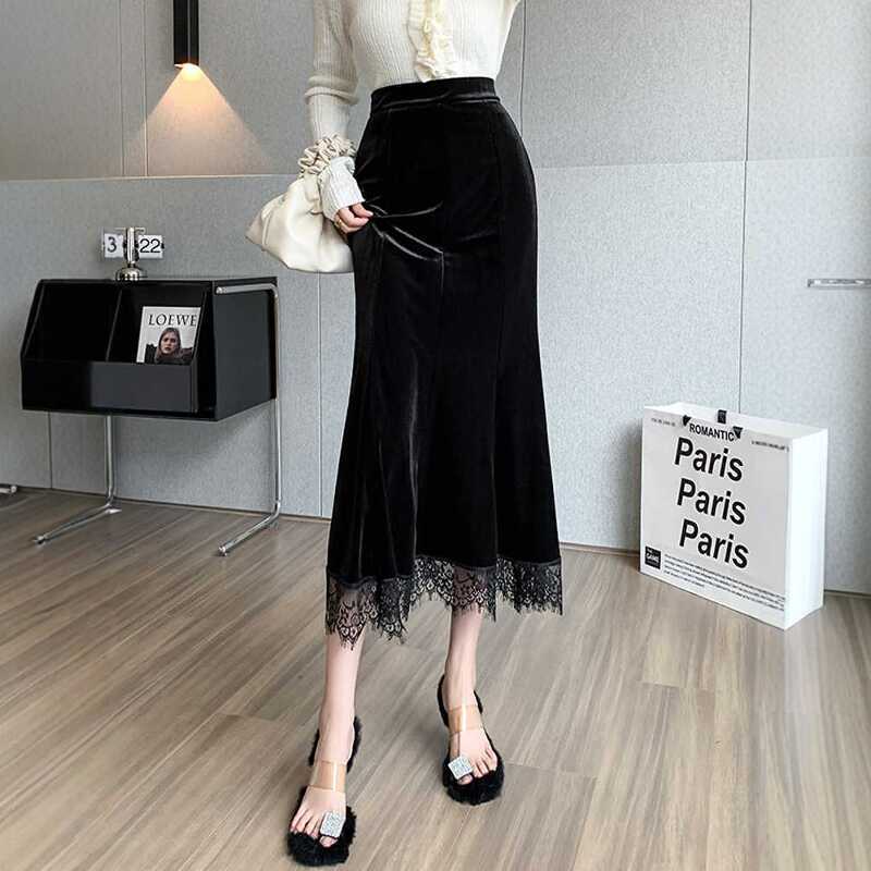Golden Velvet Skirt Women's Autumn New Korean Version of the Pendant Feeling Hip Skirt High Waist and Thin Lace Fishtail Skirt