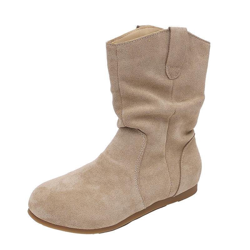 Frosted version~ Retro flat-bottomed short boots women's western boots autumn and winter sleeve round head stacking boots slim short women's boots