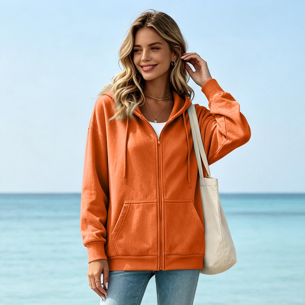 Felpa da donna con zip e cappuccio colorata, top casual per il tempo libero e lo sport