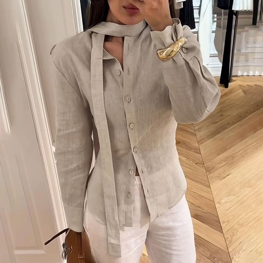 

Spring And Summer Lace-Up Waist-Cinching Ribbon Blouse For Women Elegant Tie Neck Linen Button Up Tops L