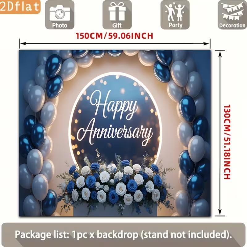 2D Elegant Blue Silver Happy Anniversary Backdrop Balloon and Flower Party Background