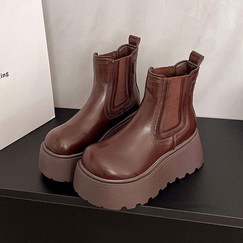 

Черные ботильоны на толстой подошве с увеличением роста, с коротким голенищем в стиле «сигаретный тюбик», женские, в британском стиле, модные, универсальные, ботинки Мартин 40 коричневый