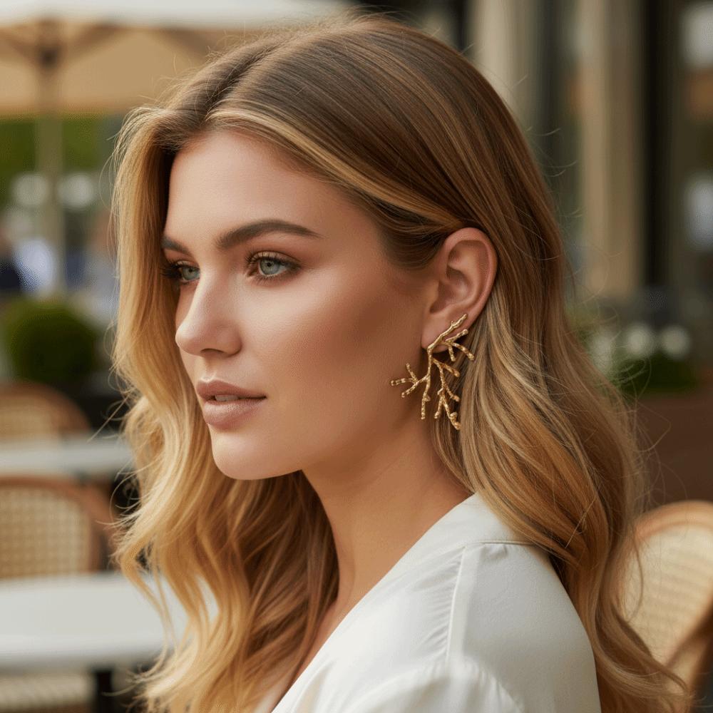 Metal Coral Branch Earrings Hollow Irregular Earrings Fashionable Red Coral Earrings  Party