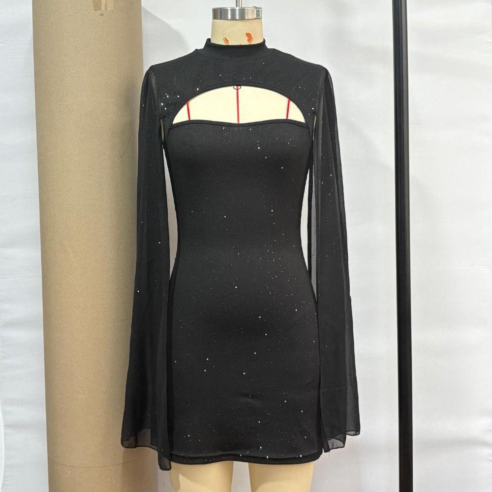 A-line Women Glitter Party Dress Sparkling Slim Evening Dress Chiffon Cape Red Dress  Ladies Girl