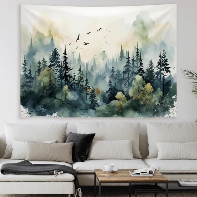 Watercolor Forest Tapestry Polyester Wall Hanging Aesthetic Pine Tree Tapestry for Bedroom Living Room Home Decor 100X70CM
