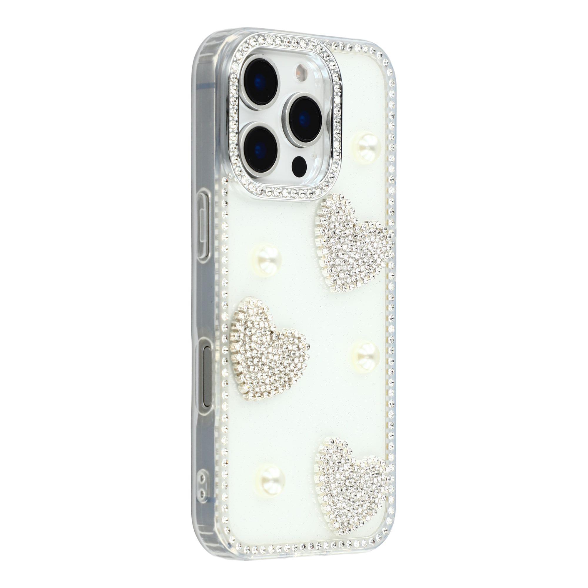 

For iPhone 16 Pro Max Case Rhinestone Edge Pearl Love Decor TPU + PC IMD Phone Cover