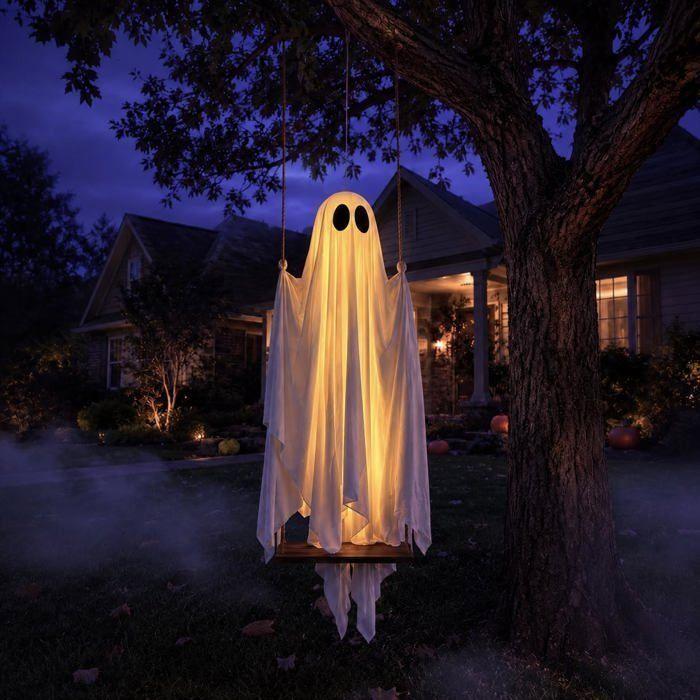 Décoration d'Halloween à suspendre - AIMOONSA - Fantôme sur balançoire - 1,5 m - Préassemblé - Lumières LED &amp; télécommande