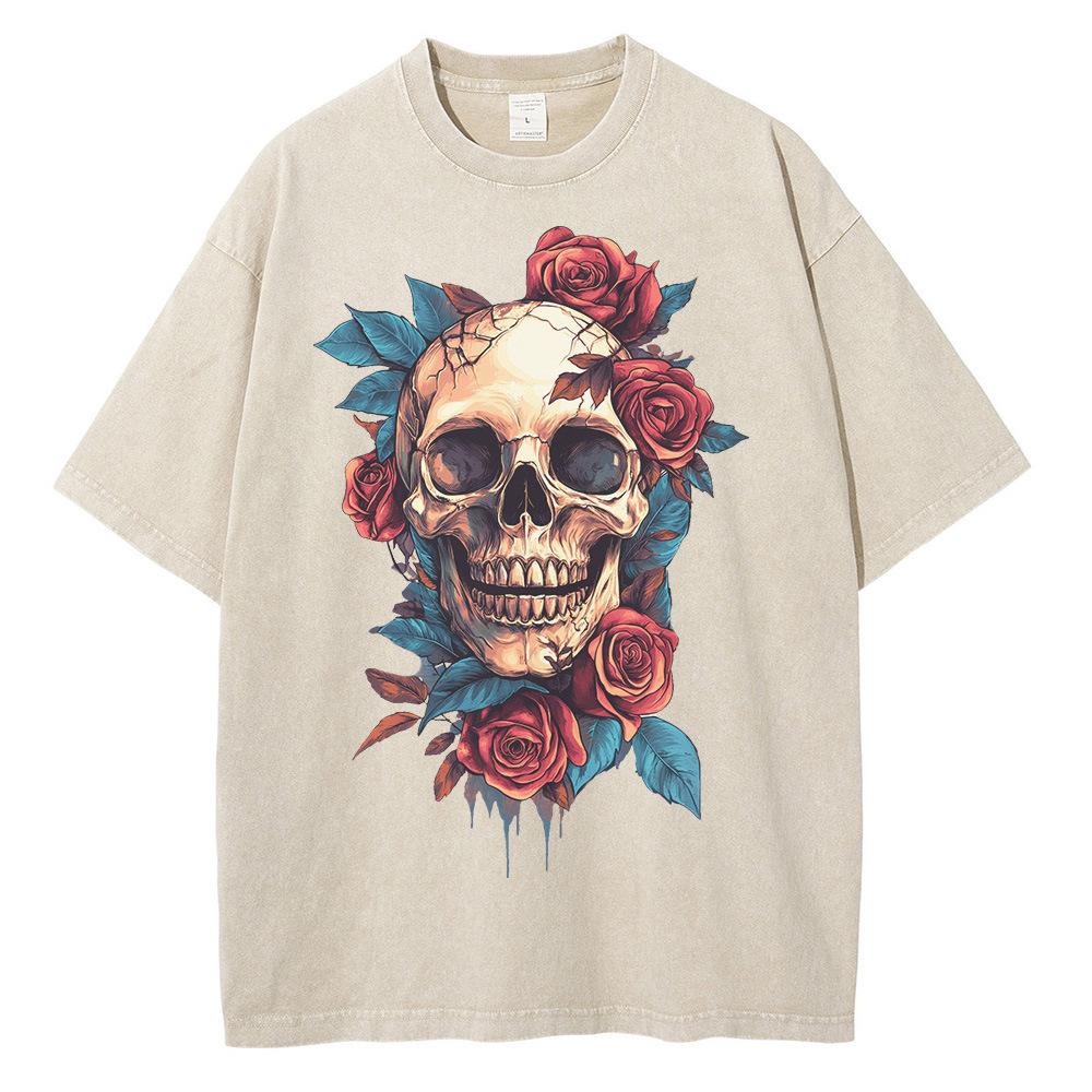 Heavyweight Cotton T Shirts Realistic Skull Graphic Disssed