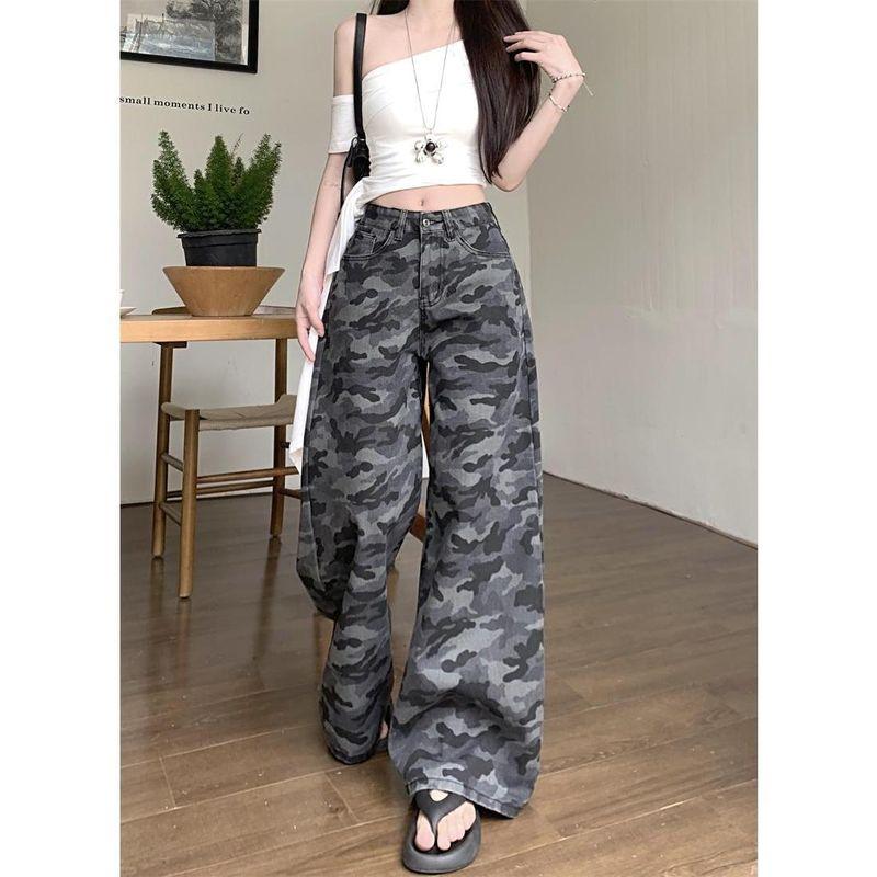 Small Retro Loose Feeling Distressed Camouflage Pants Female Popular This Year High Waist Straight-leg Cargo Jeans Mop Pants