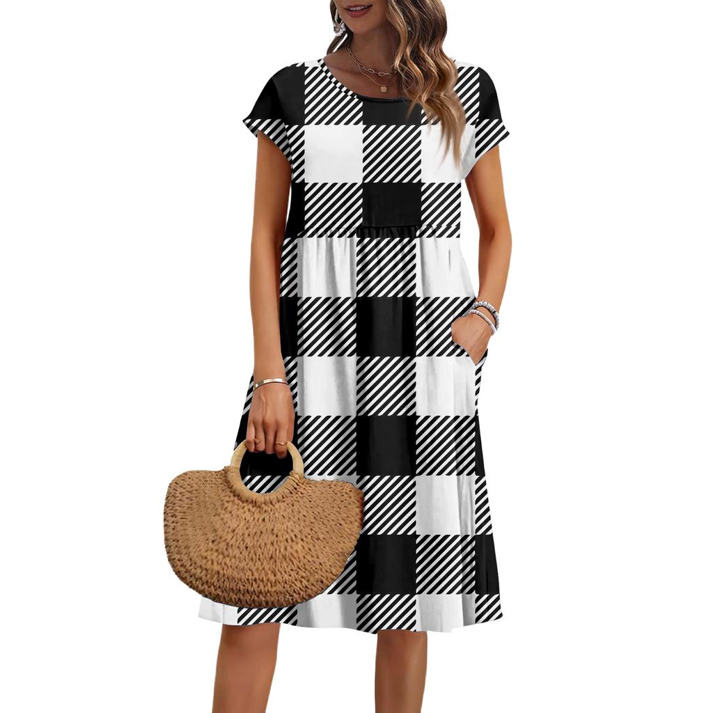 Women's Summer Fashion Casual Round Neck Short Sleeve Plaid Print Dress