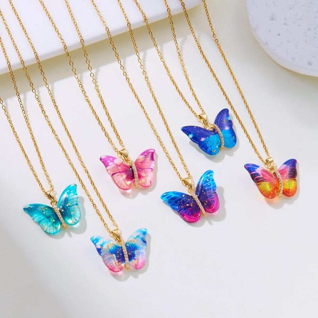 Romantic Blue Crystal Butterfly Necklace for Women Girls Double Layer Shiny Zircon Clavicle Chain Elegant Banquet Jewelry Gifts
