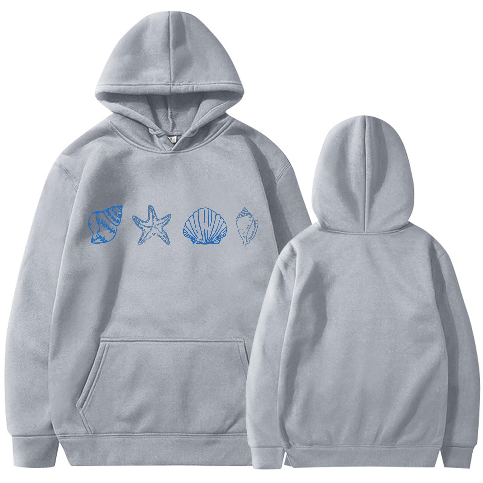 Women s Round Neck Long Sleeve Floral Print Top Hooded Sweatshirt Seashell Hoodie L