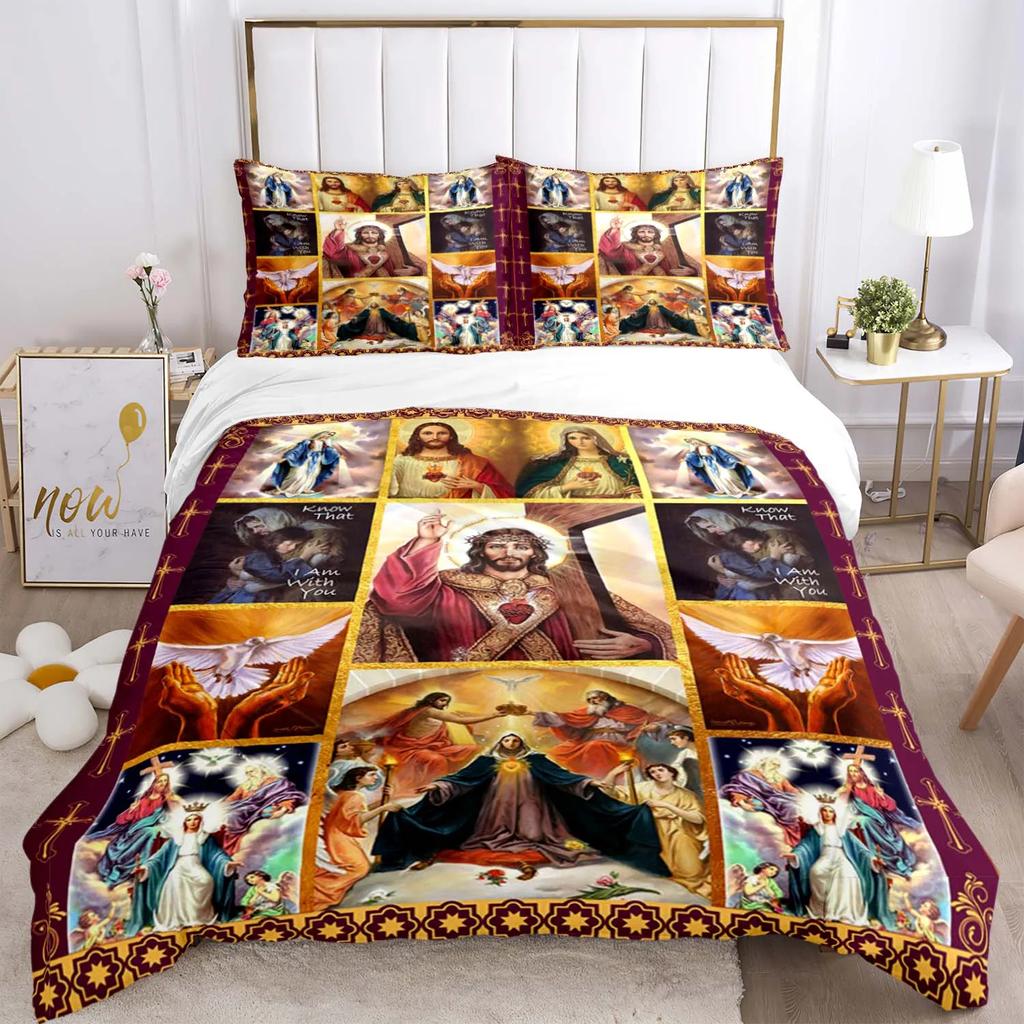 Bettwäscheset mit der Jungfrau Maria und Jesus, Halloween-Horrorfilm, Bettbezüge, Kinderbettwäsche, Dekor, Bettwäsche mit Kissenbezug, kein Laken, 3-teilig