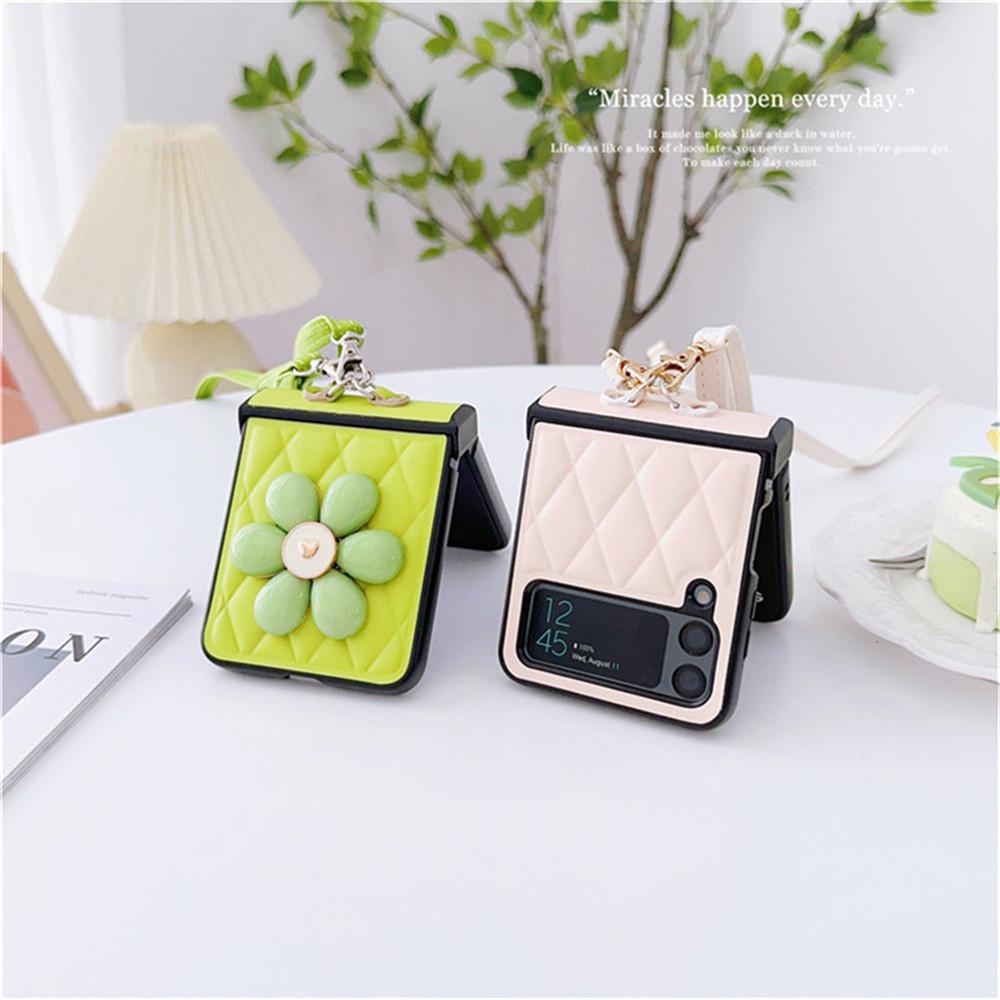 Flower Plaid Crossbody Long Chain Leather Case For Samsung Galaxy Z Flip 4 5 Case For Galaxy Z Flip 3 Cover 5G Flip