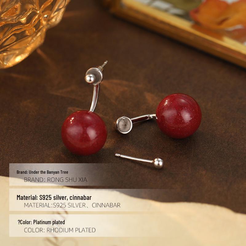 Banyan Tree S925 Silver Natural Purple Gold Sand Cinnabar Earrings for Women – High-End Red, New Autumn/Winter 2024 Style.