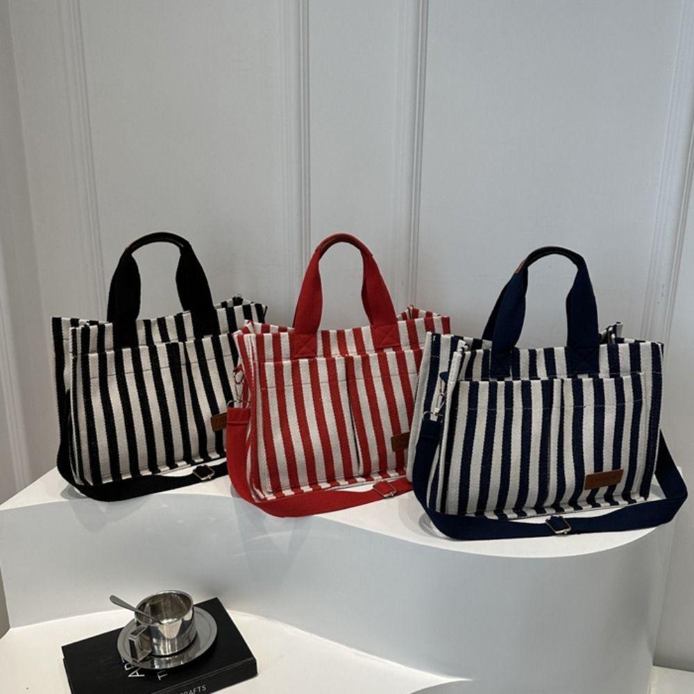 Temperament Large Capacity Stripe Canvas Tote Bag Simple Korean Style Shoulder Bag Portable Fashi Cloth Handbag All-match