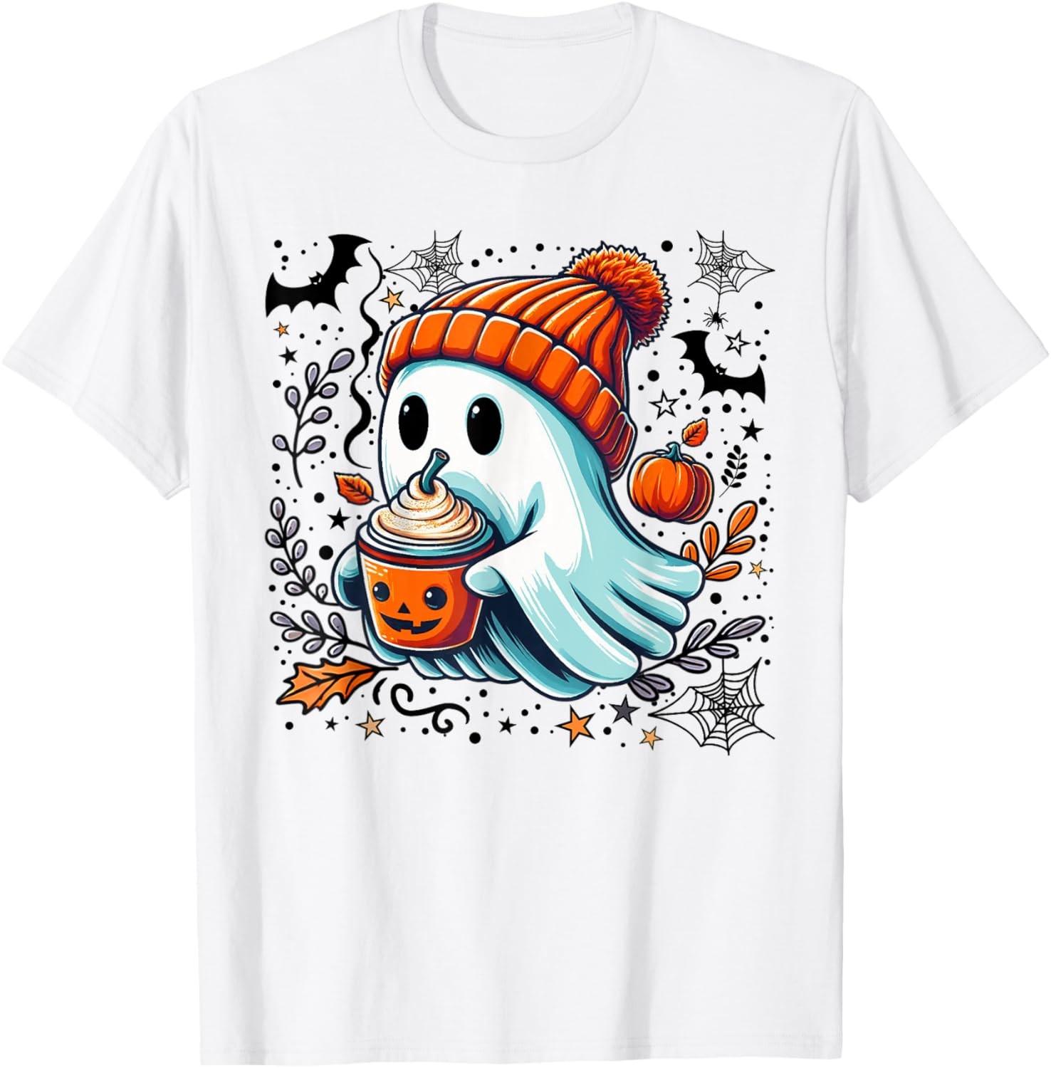Cute Ghost Drinking Coffee Halloween Ghost Ice Coffee Women T-Shirt S