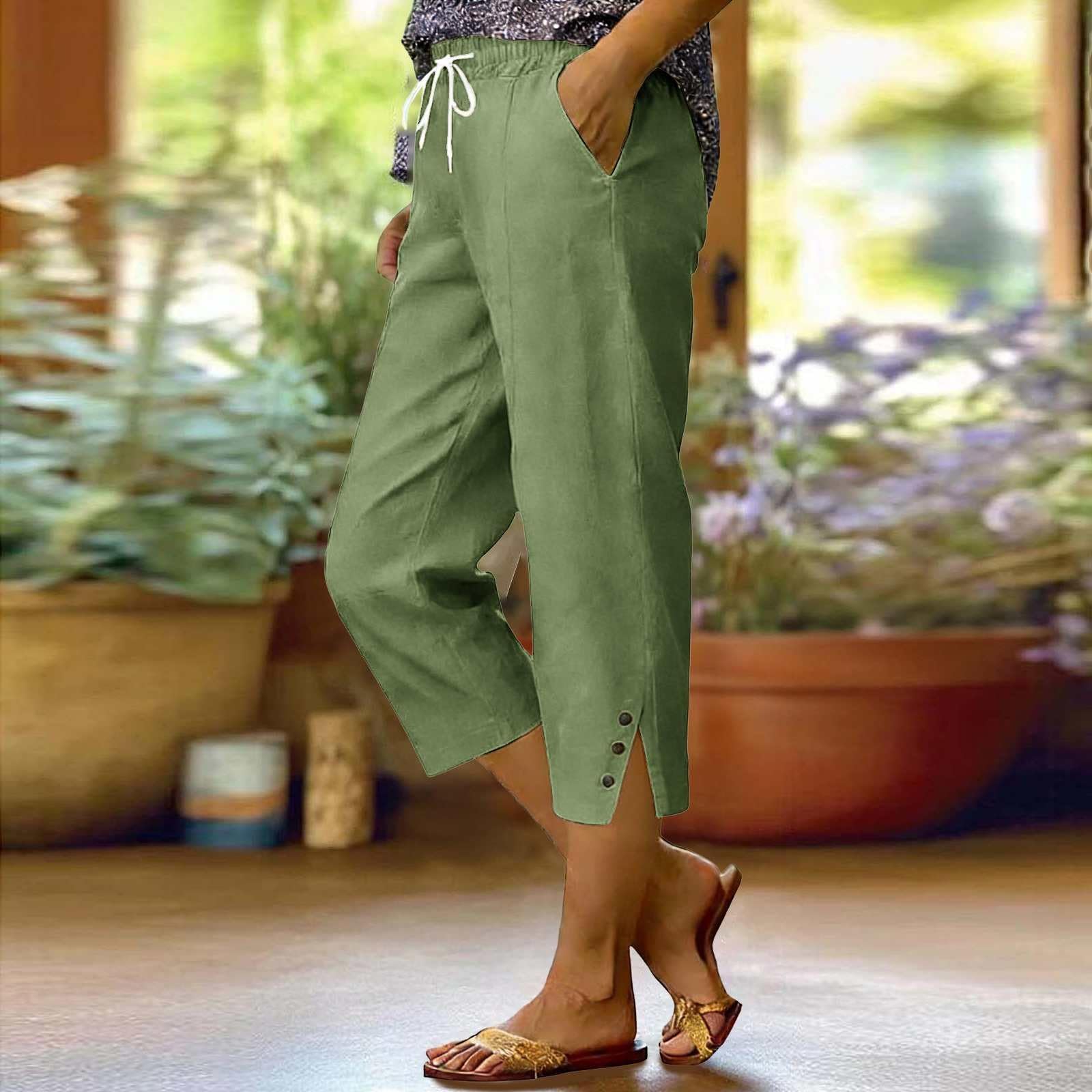 Women s Fashionable Relaxed-Fit Split-Hem Button-Decorated Casual Cotton-Linen Blend Cropped Pants XXL