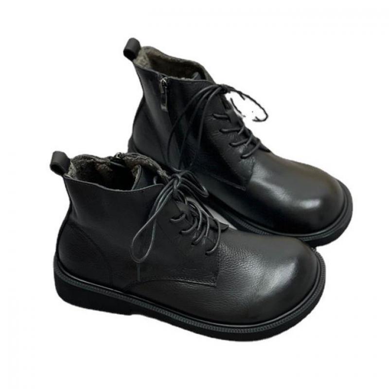 Johnature Genuine Leather Winter Boots Women Shoes Zip Round Toe Flat With Handmade Leisure Sewing Ankle Ladies Boots