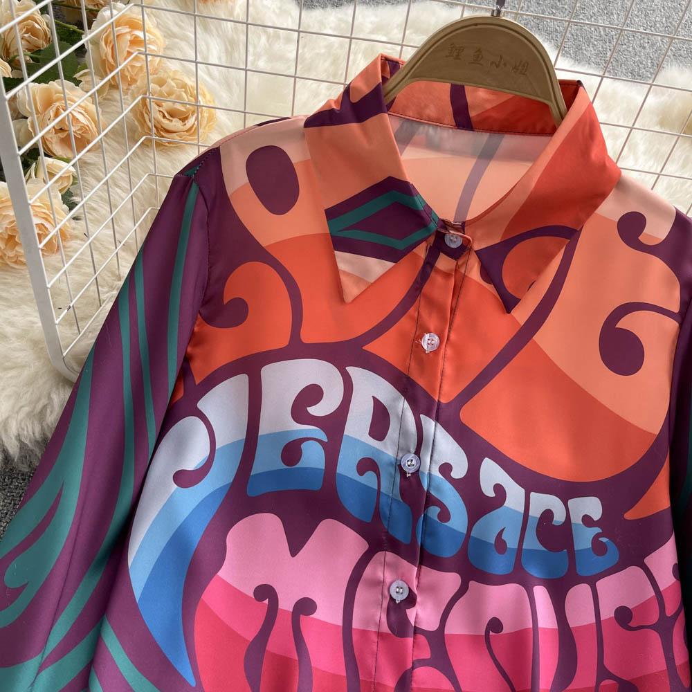 European Station Spring New Fashion Brand Letterhead Print Retro Baroque Style Leisure Vacation Shirt Women's Slim Fit