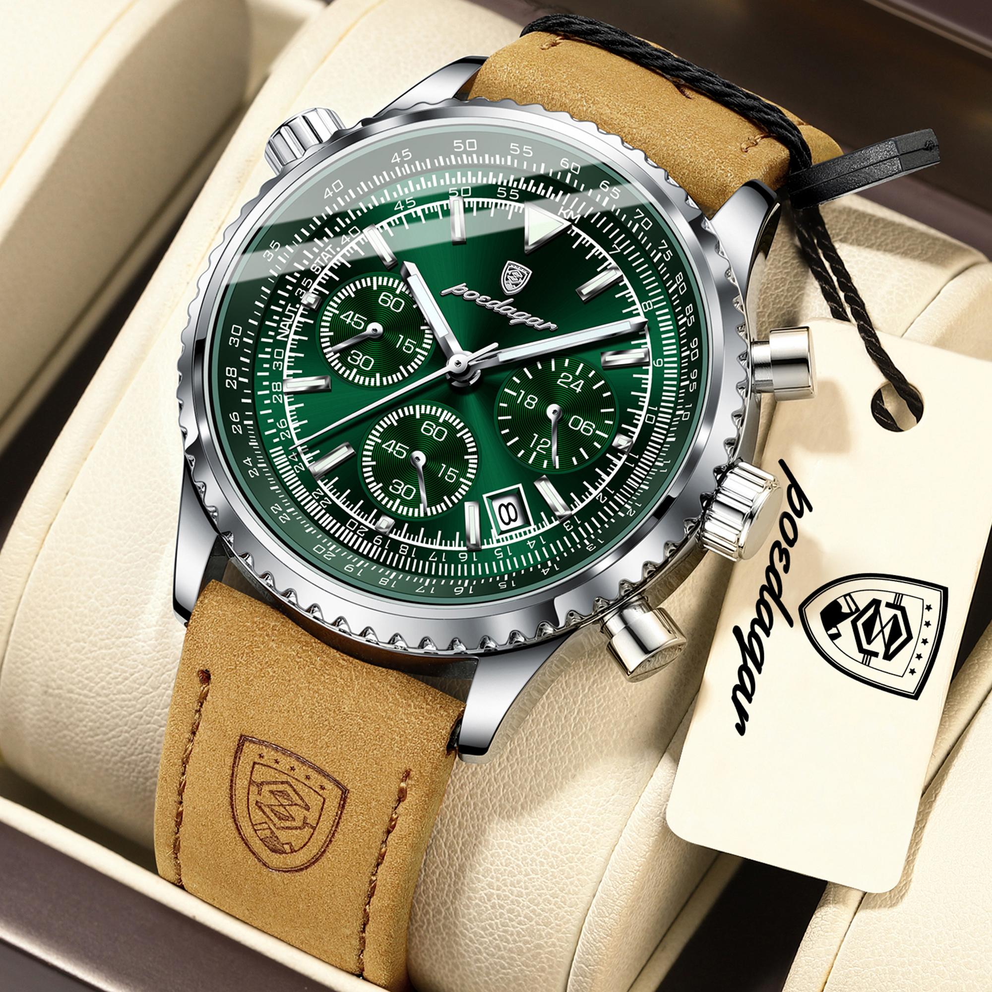 

POEDAGAR Business Men Wristwatch Waterproof Luminous Date Chronograph Sport Man Clock Leather Quartz Fashion Watches серебряный/зелёный