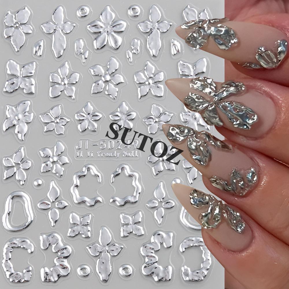 5D Embossed Gold & Silver Floral Nail Stickers with Hollow Circles & Petals