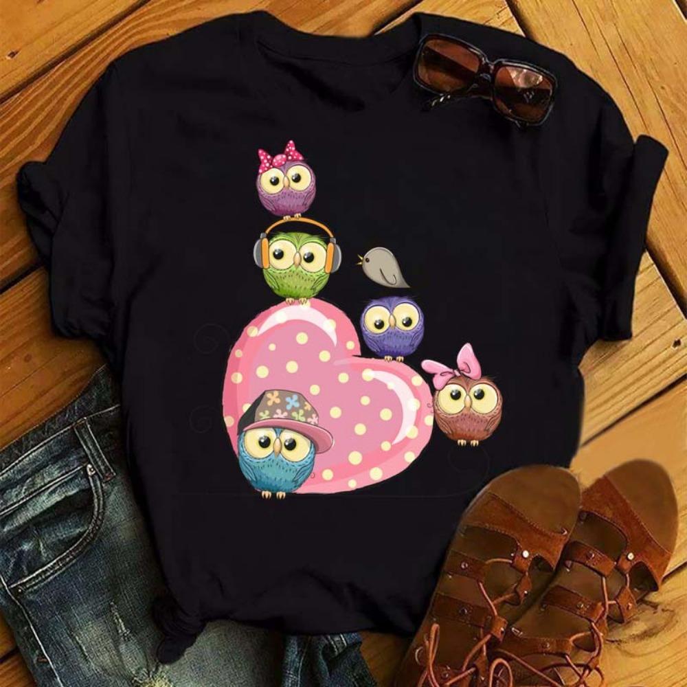 Cartoon Owl Printed T-shirt Women's Pattern Shirt Casual Short Sleeve Black Women's T-shirt O-neck Harajuku T-shirt