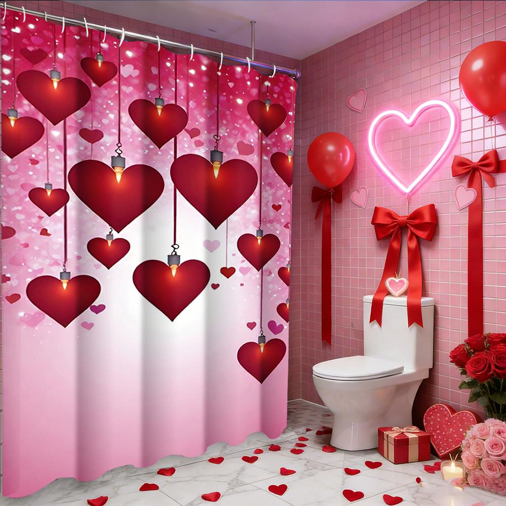 Valentine's Day Love Heart Rose shower curtain, bathroom shower waterproof curtain with 12 hooks, fish shaped home decoration
