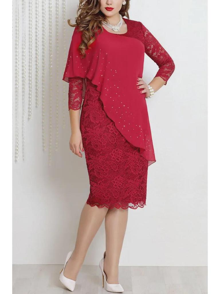Elegant Three-Quarter Sleeve Solid Color Lace Trim Slim Dress for Plus Sizes