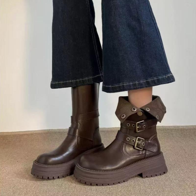 Fashion Women s Boots New Platform Boots Leather Rock Cowboy Mid Calf Ladies Boots Heels Lace Shoes for Women Botas Para Mujer 35 коричневый 7880₽