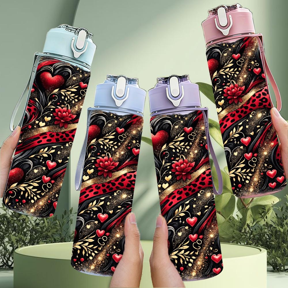 1PC Red Black Rose Dark Floral Art Print 750ml Color Plastic Sports Water Bottle Leakproof Flip Straw Lid Suitable for Sports Office Home Use