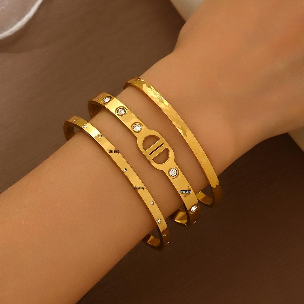 Women's Zircon Letter Bracelet - Non-Fading, Open Bangle, Titanium Steel Jewelry