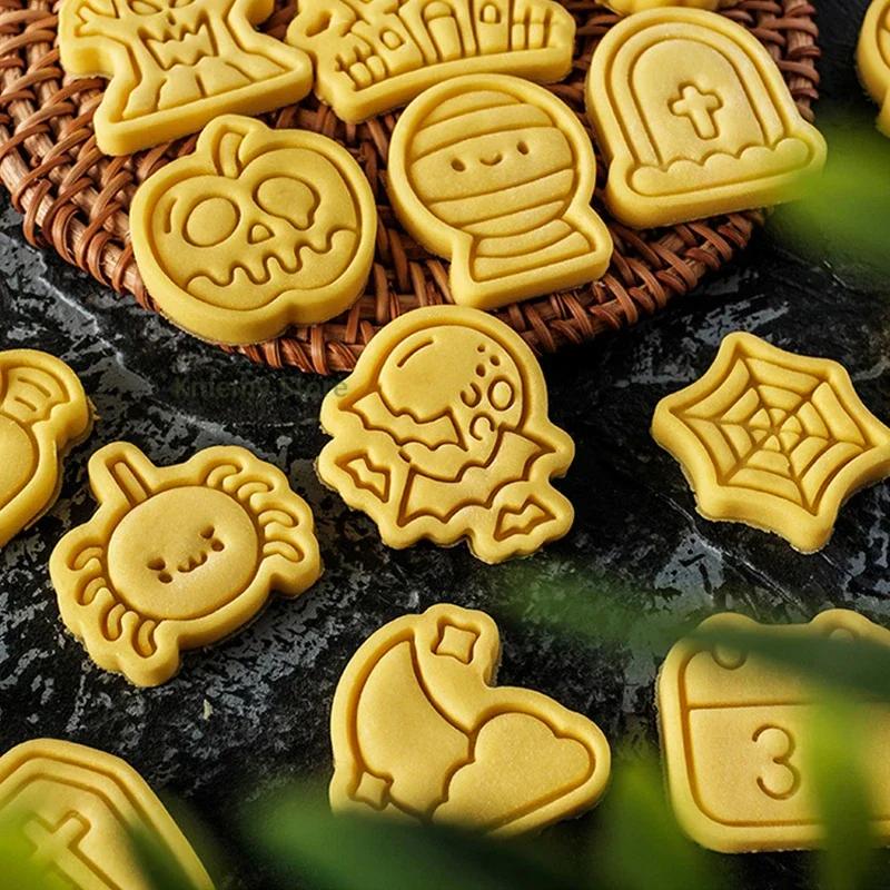 Halloween Cookie Cutter Set Plastic 3D Ghost Skull Bat Pumpkin Mummy Cartoon Biscuit Mold Stamp Pastry DIY Cake Decorating Tools