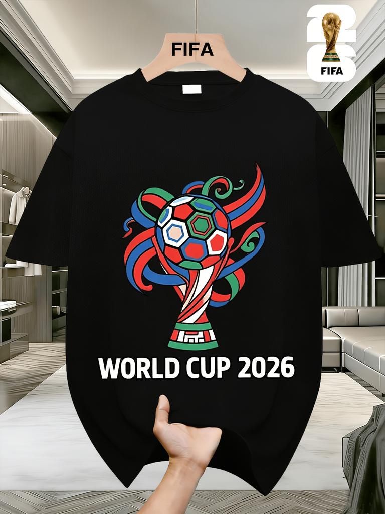 FIFA. World Cup Football.Men's Short-sleeved T-shirt with a US-Canada-Mexico Themed Print, Crew Neck Style for Men and Women, Perfect for Holiday Wear