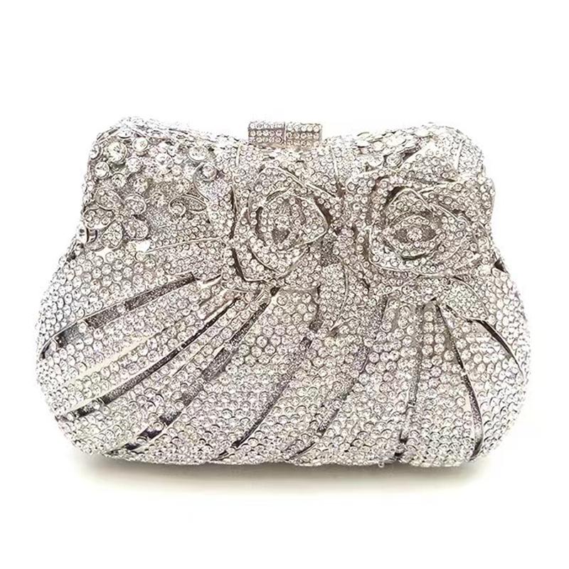 Diamonds White Clear Women Evening Bag Luxury Flower Rhinestone Clutches Crystal Handbag 32 Colors Wedding Bridal Party Purses