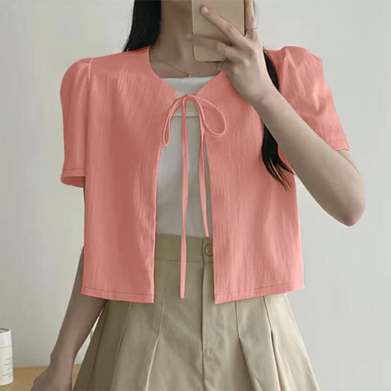 ZANZEA Women Summer Lace Up O-neck Casual Short Sleeve Cover Up Cropped Blouse